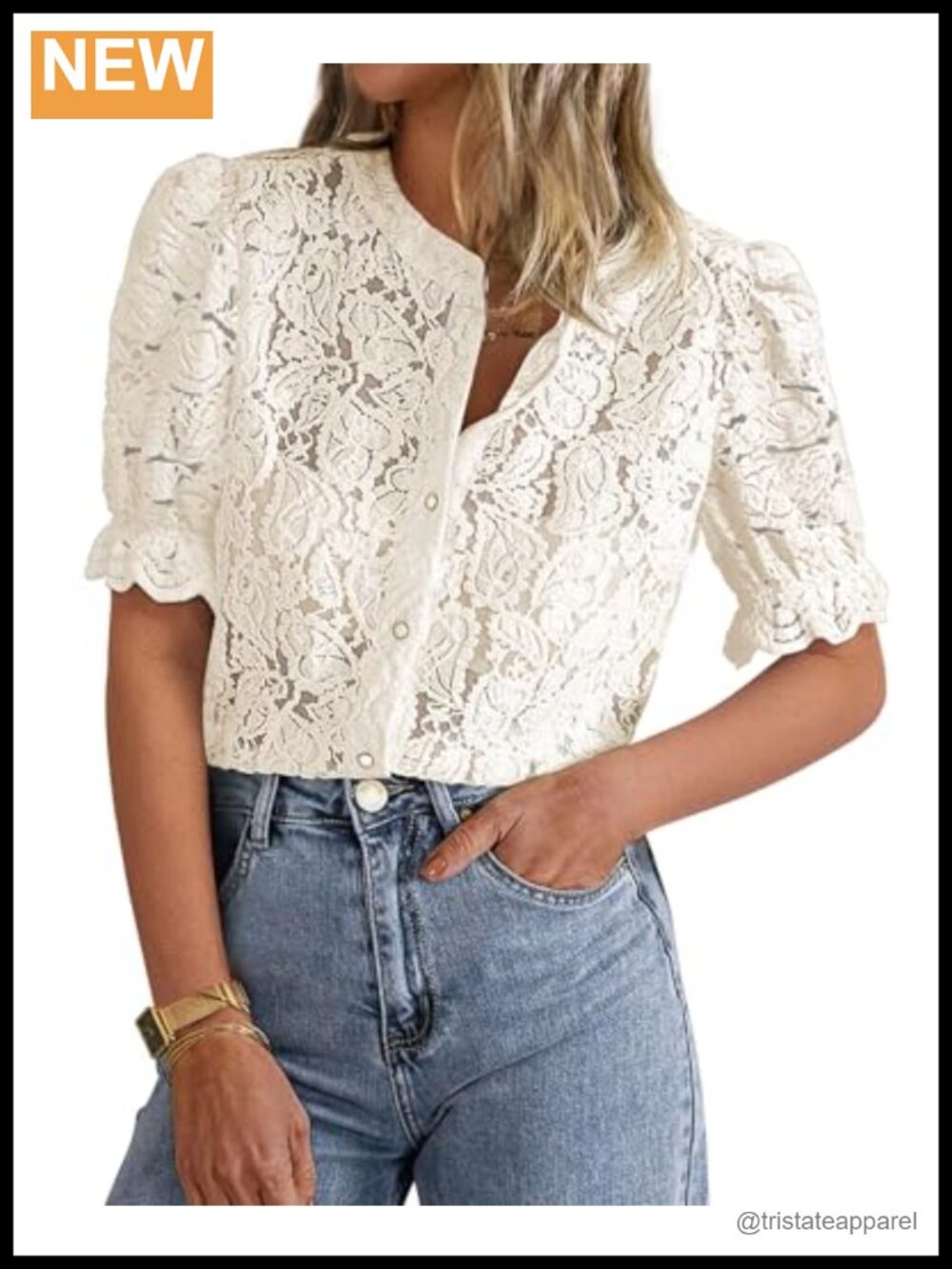 Women's Lace Button Down Short Sleeve Blouse Sheer Eyelet Puff Sleeve Top